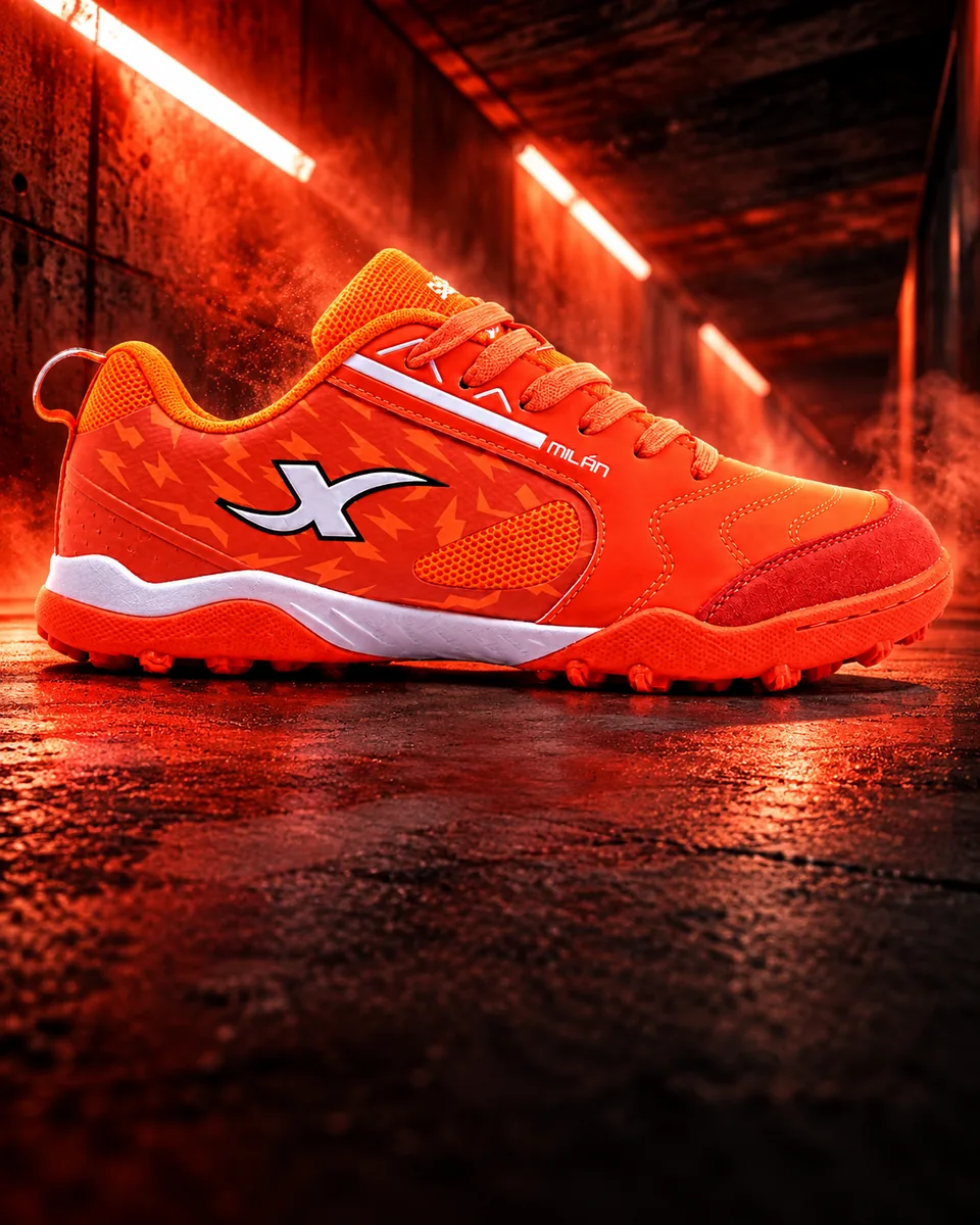 Zapatilla Milán Torretín naranja en un túnel deportivo rojo